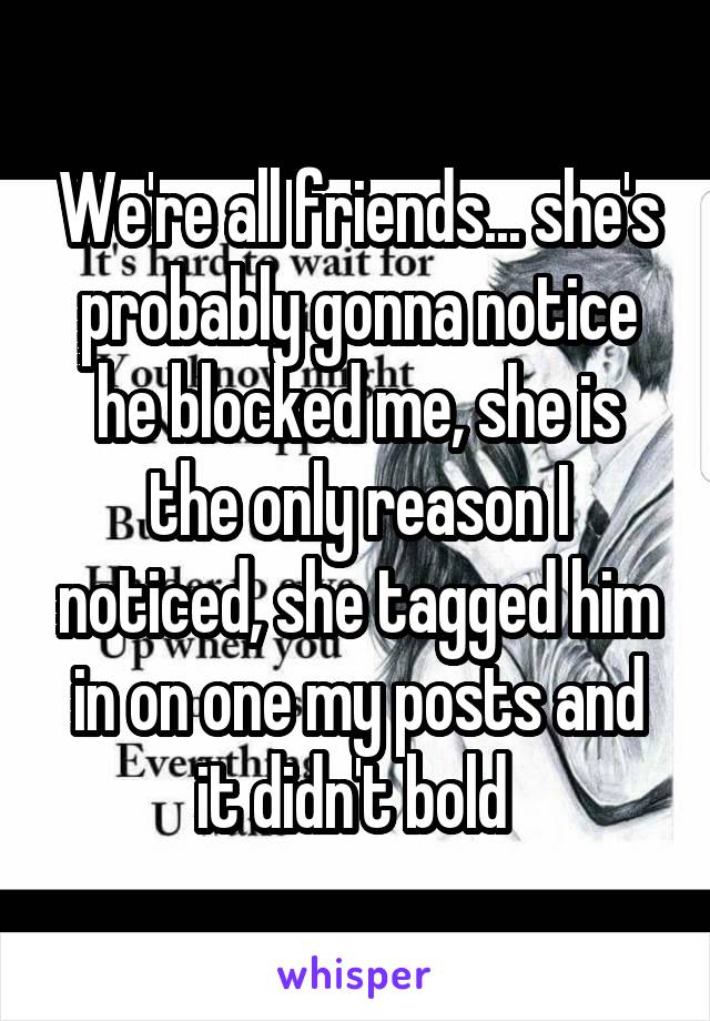 We're all friends... she's probably gonna notice he blocked me, she is the only reason I noticed, she tagged him in on one my posts and it didn't bold 