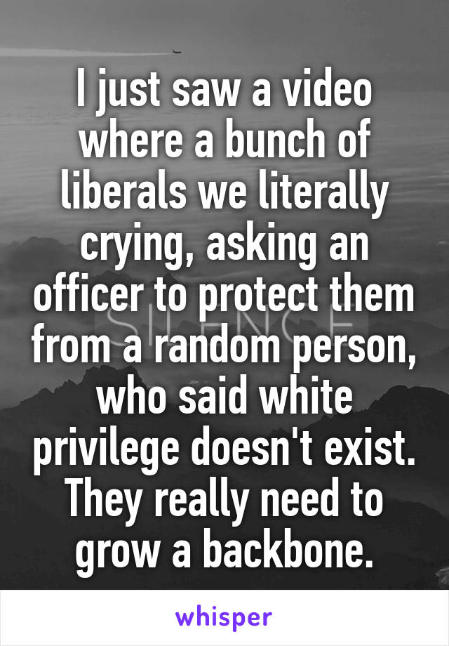 I just saw a video where a bunch of liberals we literally crying, asking an officer to protect them from a random person, who said white privilege doesn't exist.
They really need to grow a backbone.