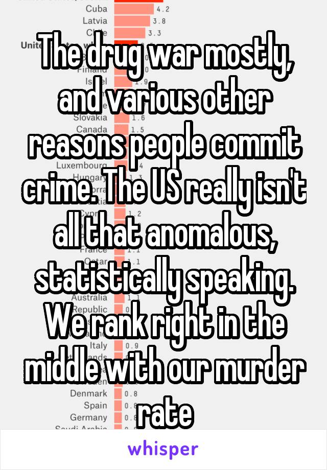 The drug war mostly, and various other reasons people commit crime. The US really isn't all that anomalous, statistically speaking. We rank right in the middle with our murder rate