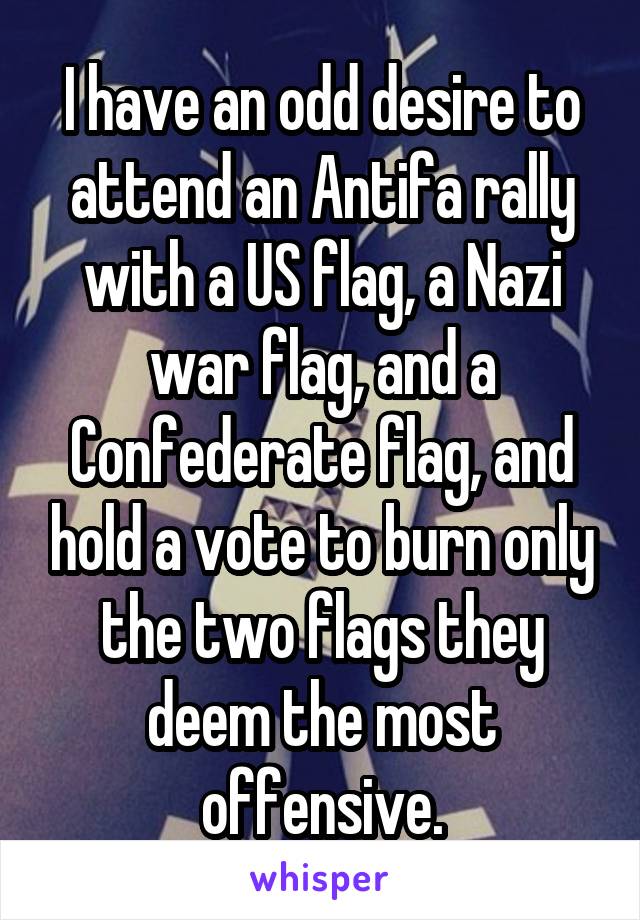 I have an odd desire to attend an Antifa rally with a US flag, a Nazi war flag, and a Confederate flag, and hold a vote to burn only the two flags they deem the most offensive.