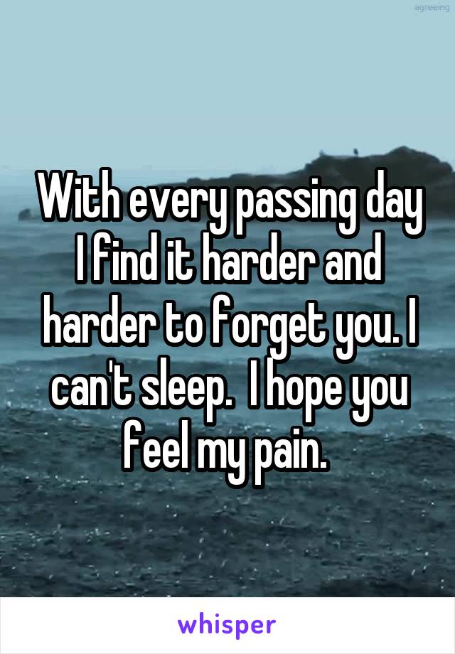 With every passing day I find it harder and harder to forget you. I can't sleep.  I hope you feel my pain. 