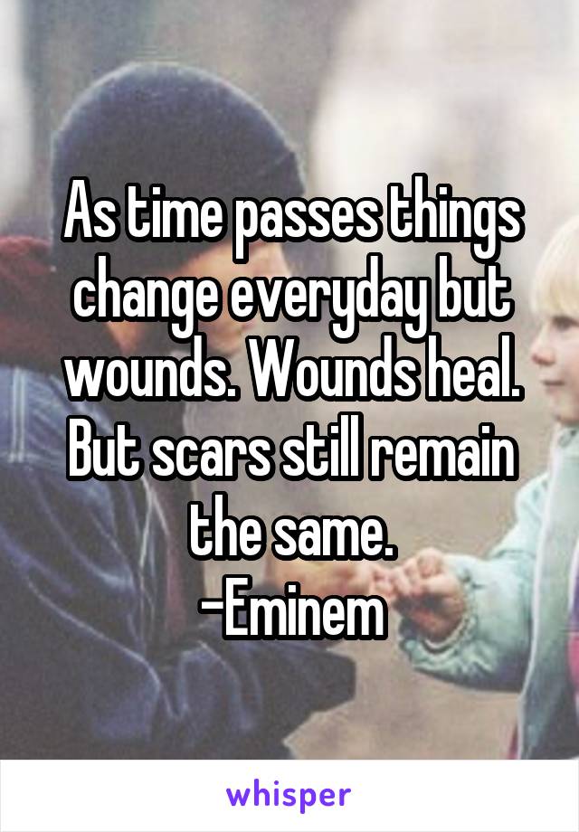 As time passes things change everyday but wounds. Wounds heal. But scars still remain the same.
-Eminem