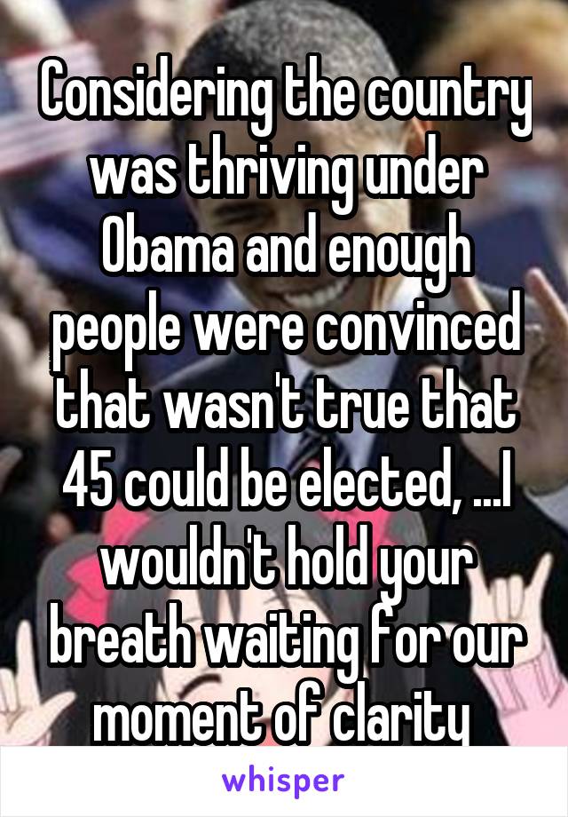 Considering the country was thriving under Obama and enough people were convinced that wasn't true that 45 could be elected, ...I wouldn't hold your breath waiting for our moment of clarity 