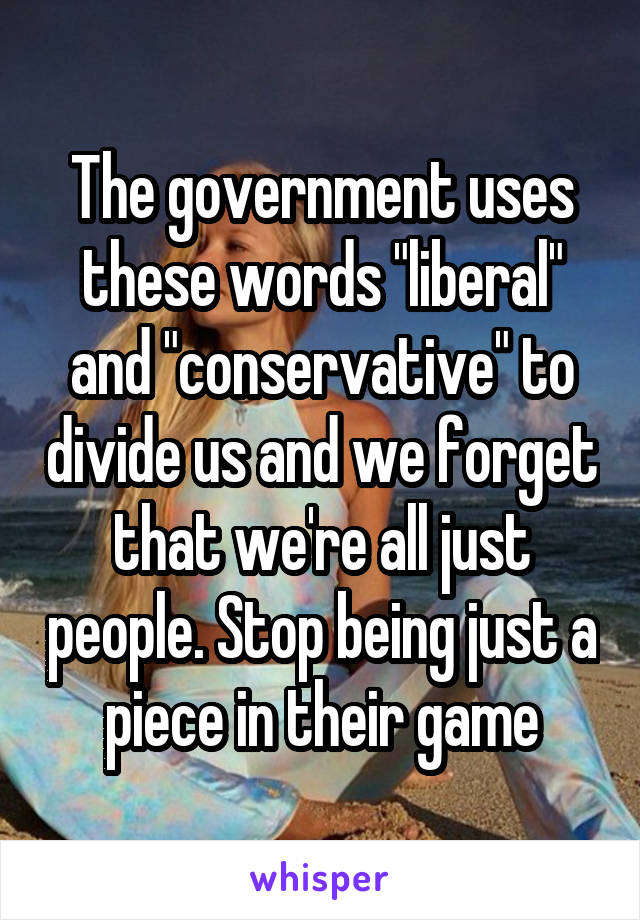 The government uses these words "liberal" and "conservative" to divide us and we forget that we're all just people. Stop being just a piece in their game