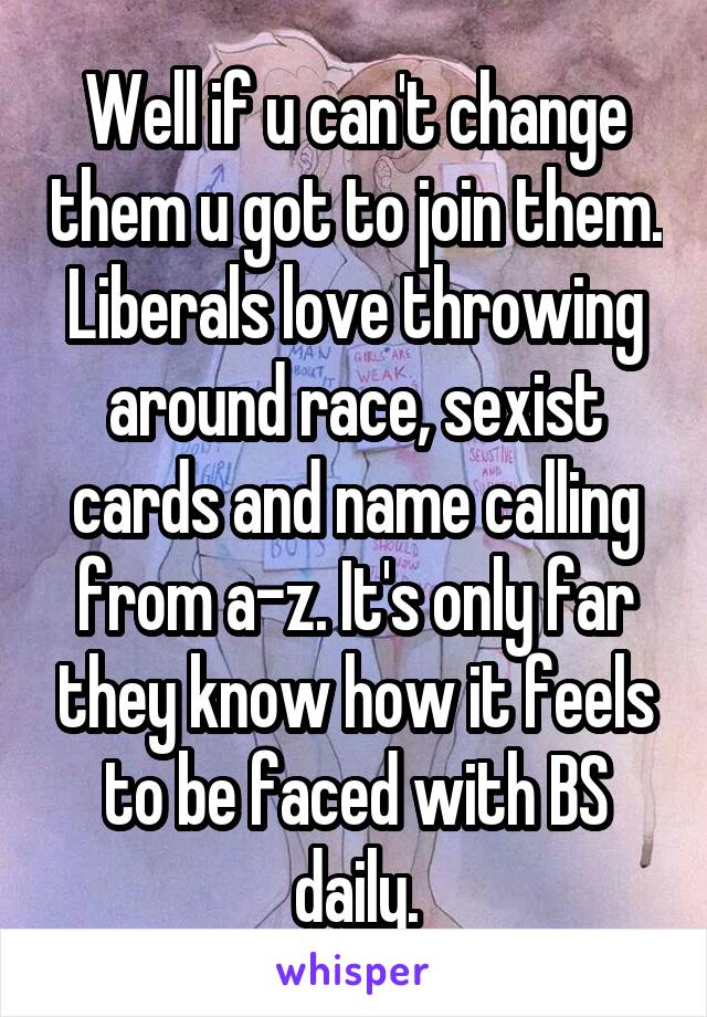 Well if u can't change them u got to join them. Liberals love throwing around race, sexist cards and name calling from a-z. It's only far they know how it feels to be faced with BS daily.