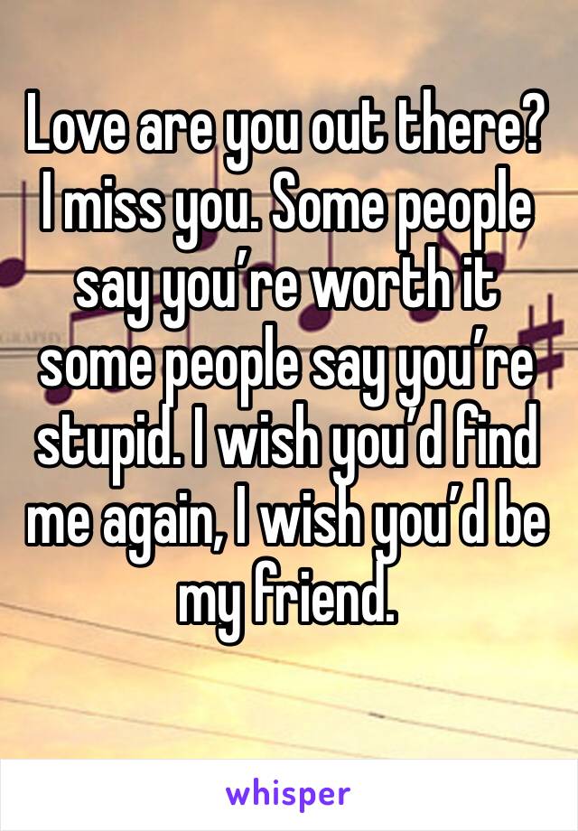 Love are you out there? 
I miss you. Some people say you’re worth it some people say you’re stupid. I wish you’d find me again, I wish you’d be my friend. 