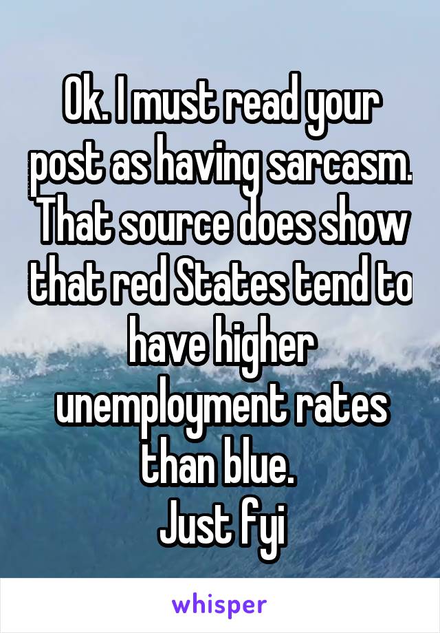 Ok. I must read your post as having sarcasm. That source does show that red States tend to have higher unemployment rates than blue. 
Just fyi