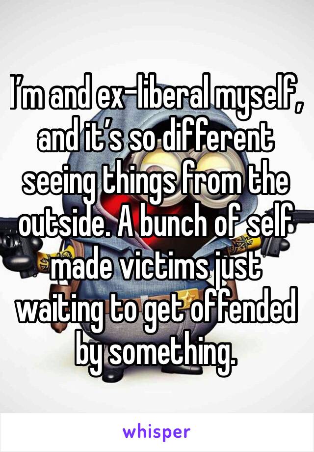 I’m and ex-liberal myself, and it’s so different seeing things from the outside. A bunch of self made victims just waiting to get offended by something. 