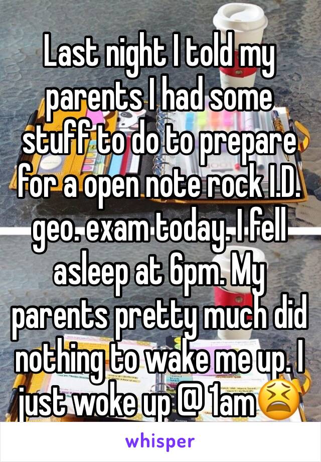 Last night I told my parents I had some stuff to do to prepare for a open note rock I.D. geo. exam today. I fell asleep at 6pm. My parents pretty much did nothing to wake me up. I just woke up @ 1am😫