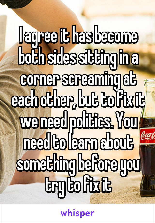 I agree it has become both sides sitting in a corner screaming at each other, but to fix it we need politics. You need to learn about something before you try to fix it