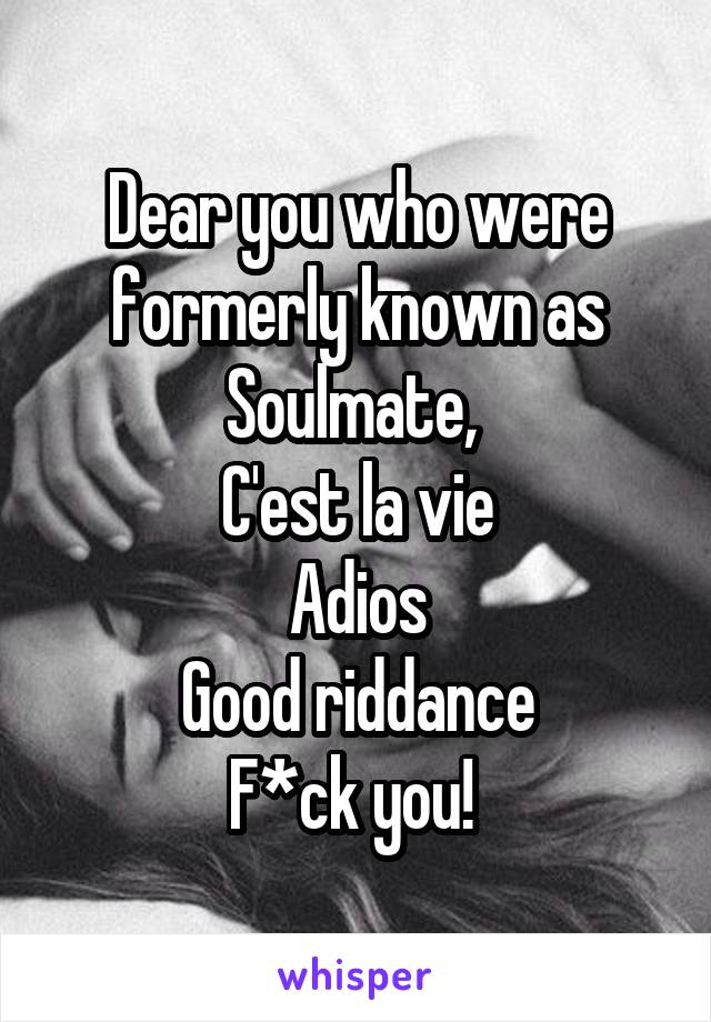 Dear you who were formerly known as Soulmate, 
C'est la vie
Adios
Good riddance
F*ck you! 