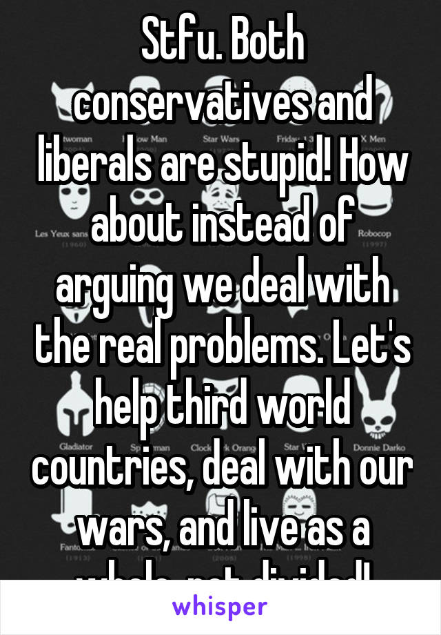 Stfu. Both conservatives and liberals are stupid! How about instead of arguing we deal with the real problems. Let's help third world countries, deal with our wars, and live as a whole, not divided!