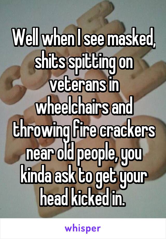 Well when I see masked, shits spitting on veterans in wheelchairs and throwing fire crackers near old people, you kinda ask to get your head kicked in. 