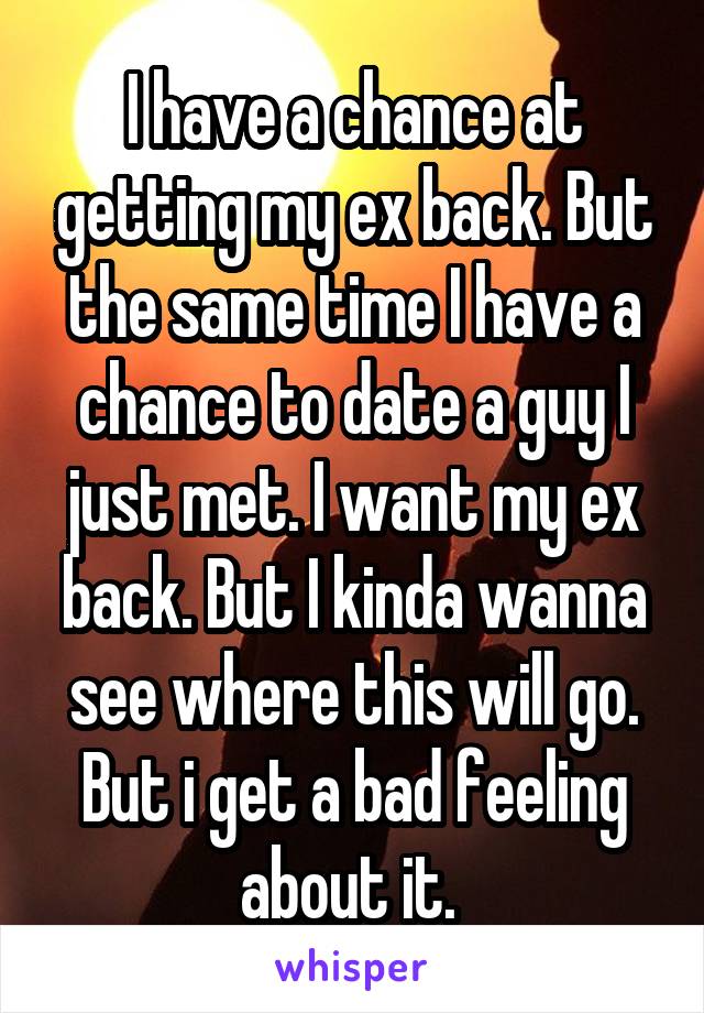 I have a chance at getting my ex back. But the same time I have a chance to date a guy I just met. I want my ex back. But I kinda wanna see where this will go. But i get a bad feeling about it. 