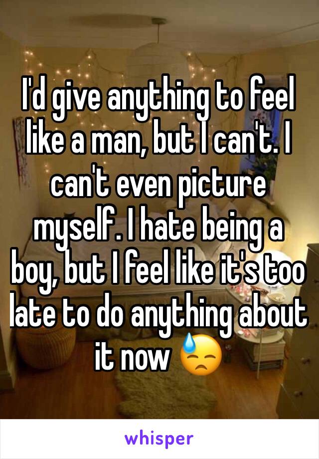 I'd give anything to feel like a man, but I can't. I can't even picture myself. I hate being a boy, but I feel like it's too late to do anything about it now 😓