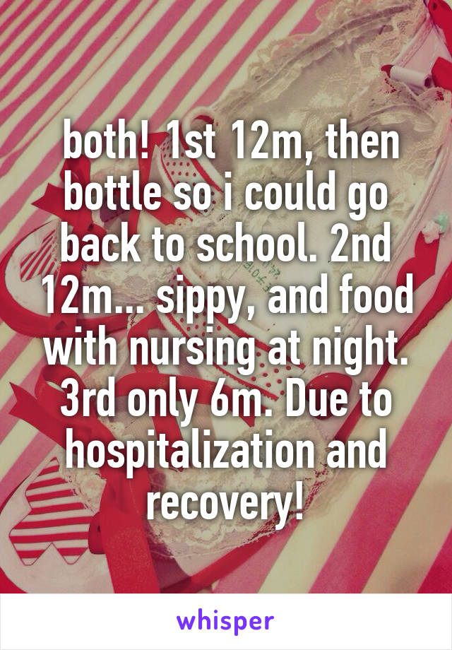  both! 1st 12m, then bottle so i could go back to school. 2nd 12m... sippy, and food with nursing at night. 3rd only 6m. Due to hospitalization and recovery!