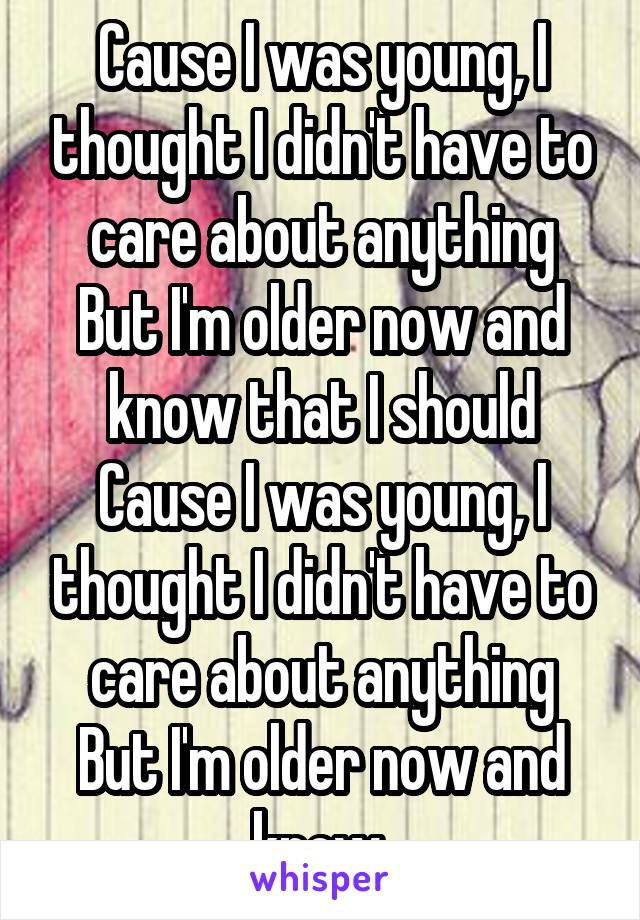 Cause I was young, I thought I didn't have to care about anything
But I'm older now and know that I should
Cause I was young, I thought I didn't have to care about anything
But I'm older now and know 