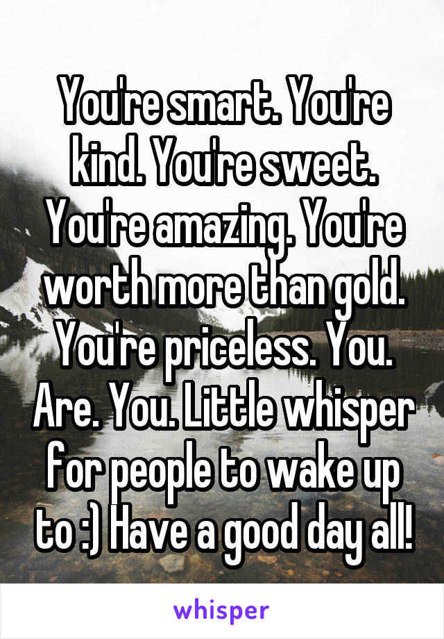 You're smart. You're kind. You're sweet. You're amazing. You're worth more than gold. You're priceless. You. Are. You. Little whisper for people to wake up to :) Have a good day all!