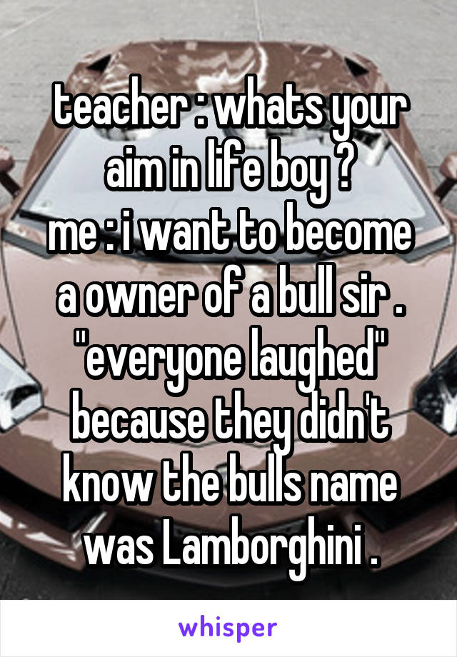 teacher : whats your aim in life boy ?
me : i want to become a owner of a bull sir .
"everyone laughed" because they didn't know the bulls name was Lamborghini .