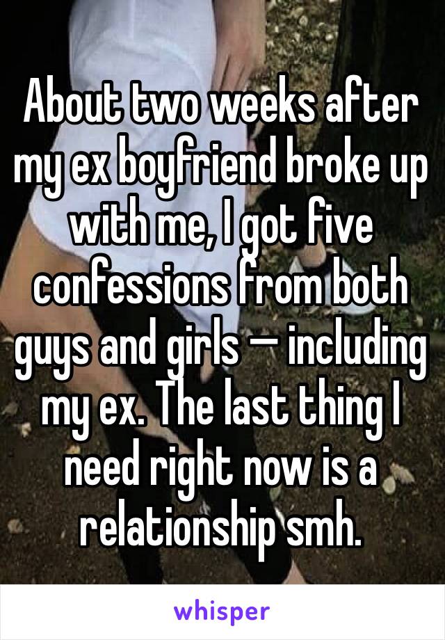 About two weeks after my ex boyfriend broke up with me, I got five confessions from both guys and girls — including my ex. The last thing I need right now is a relationship smh.