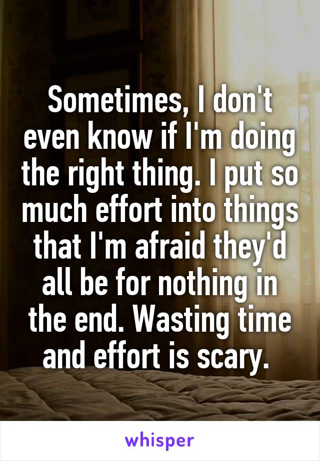 Sometimes, I don't even know if I'm doing the right thing. I put so much effort into things that I'm afraid they'd all be for nothing in the end. Wasting time and effort is scary. 