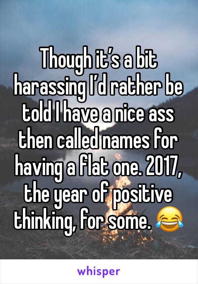 Though it’s a bit harassing I’d rather be told I have a nice ass then called names for having a flat one. 2017, the year of positive thinking, for some. 😂