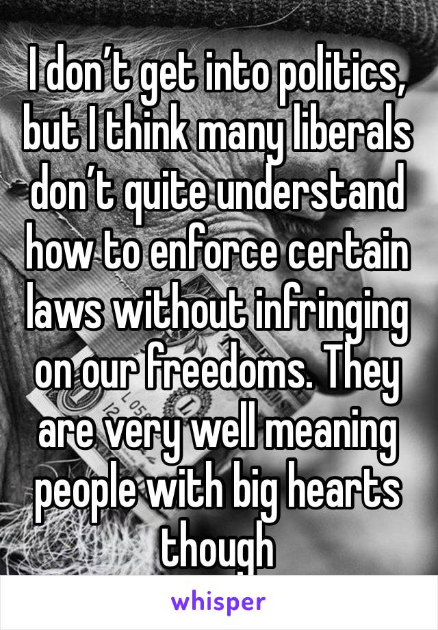 I don’t get into politics, but I think many liberals don’t quite understand how to enforce certain laws without infringing on our freedoms. They are very well meaning people with big hearts though