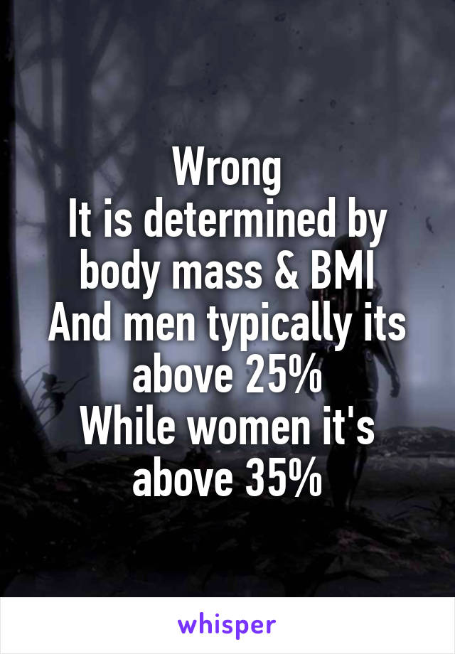 Wrong
It is determined by body mass & BMI
And men typically its above 25%
While women it's above 35%