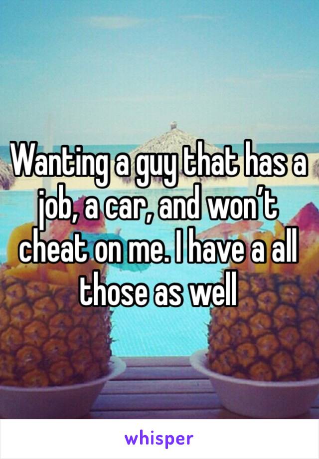 Wanting a guy that has a job, a car, and won’t cheat on me. I have a all those as well 