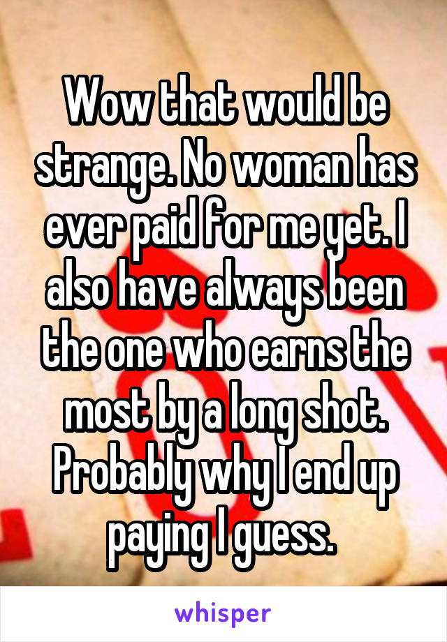 Wow that would be strange. No woman has ever paid for me yet. I also have always been the one who earns the most by a long shot. Probably why I end up paying I guess. 