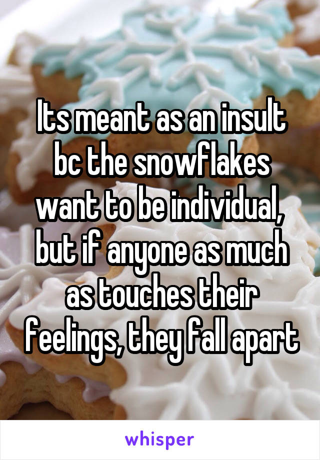 Its meant as an insult bc the snowflakes want to be individual,  but if anyone as much as touches their feelings, they fall apart