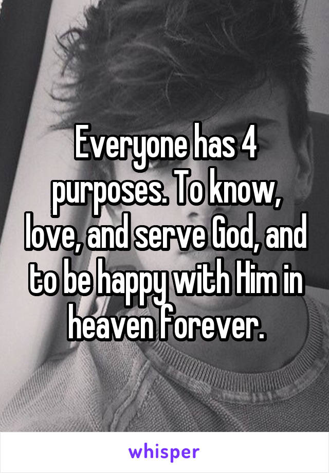 Everyone has 4 purposes. To know, love, and serve God, and to be happy with Him in heaven forever.