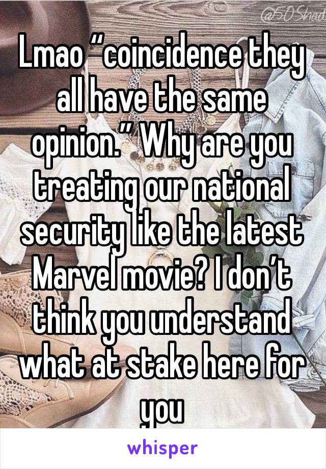 Lmao “coincidence they all have the same opinion.” Why are you treating our national security like the latest Marvel movie? I don’t think you understand what at stake here for you