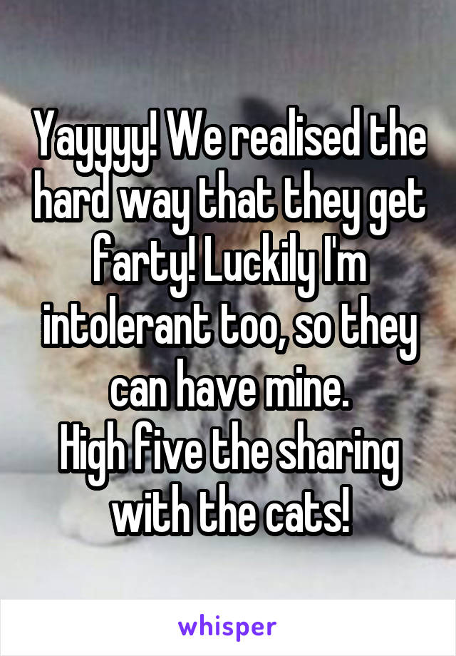 Yayyyy! We realised the hard way that they get farty! Luckily I'm intolerant too, so they can have mine.
High five the sharing with the cats!