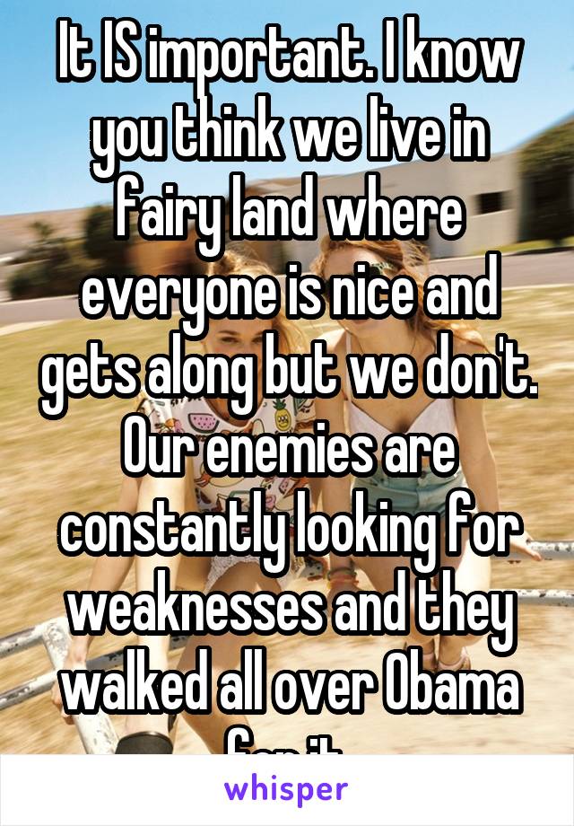 It IS important. I know you think we live in fairy land where everyone is nice and gets along but we don't. Our enemies are constantly looking for weaknesses and they walked all over Obama for it.