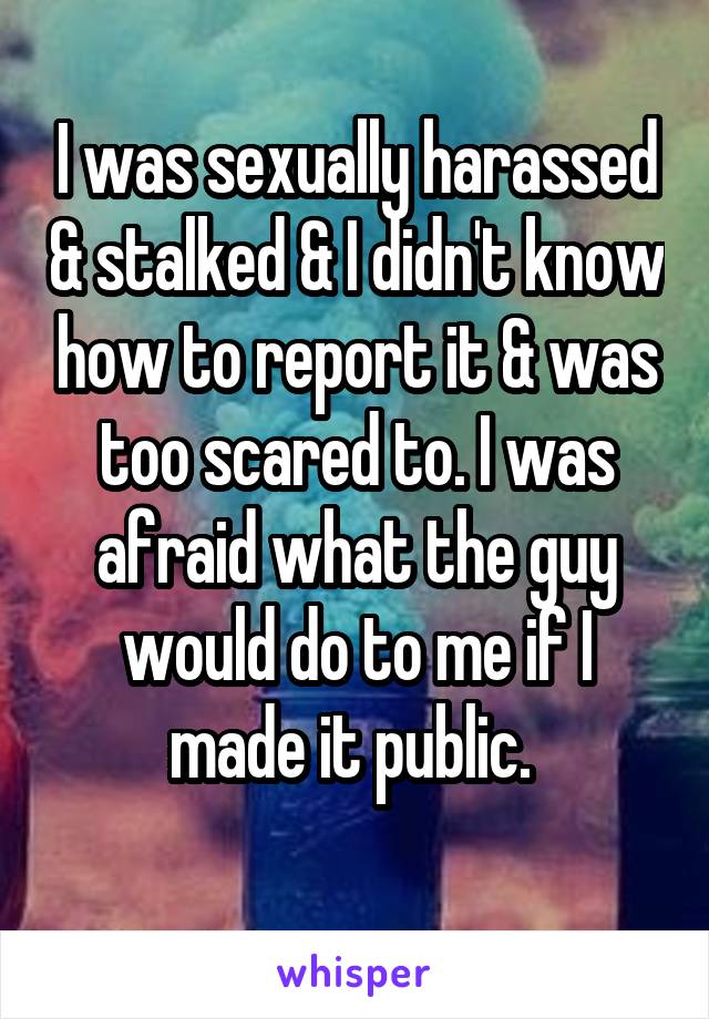 I was sexually harassed & stalked & I didn't know how to report it & was too scared to. I was afraid what the guy would do to me if I made it public. 
