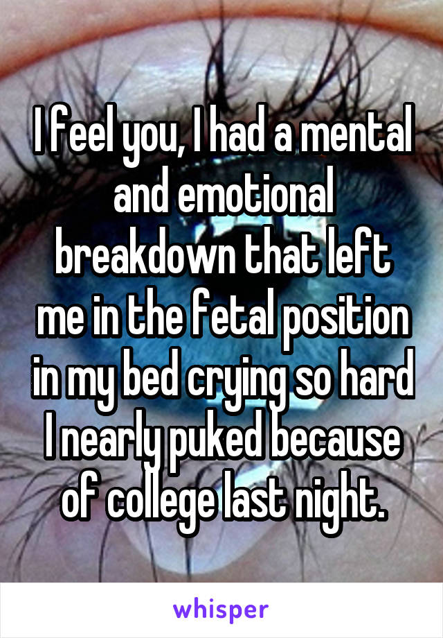 I feel you, I had a mental and emotional breakdown that left me in the fetal position in my bed crying so hard I nearly puked because of college last night.
