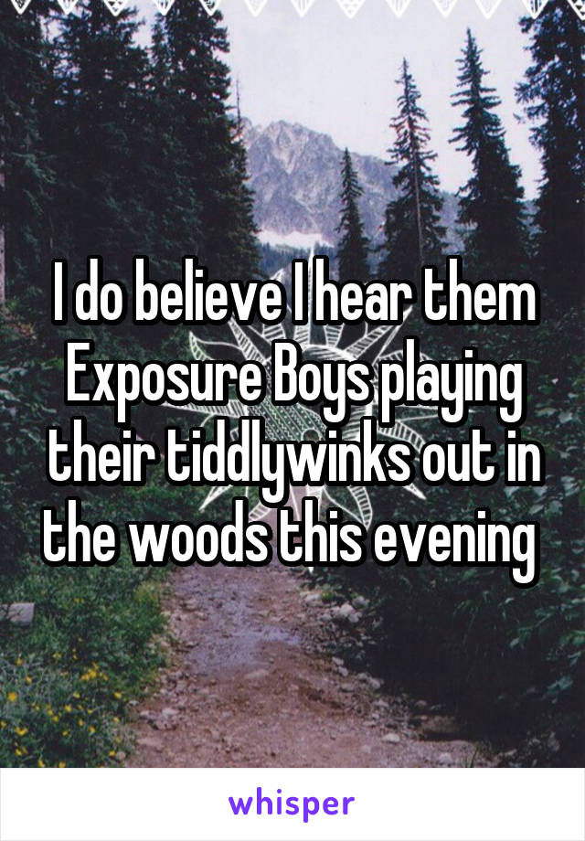 I do believe I hear them Exposure Boys playing their tiddlywinks out in the woods this evening 