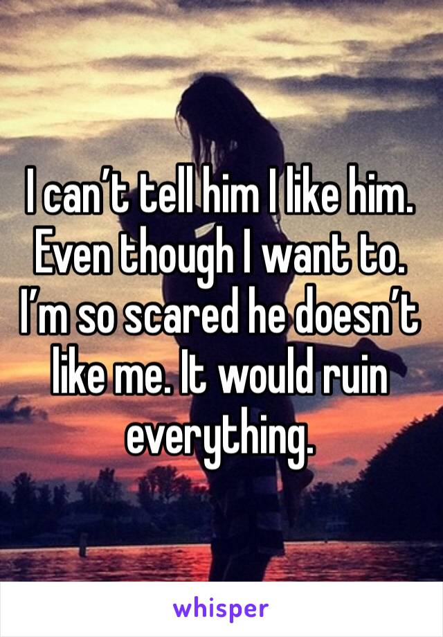 I can’t tell him I like him. Even though I want to. I’m so scared he doesn’t like me. It would ruin everything. 