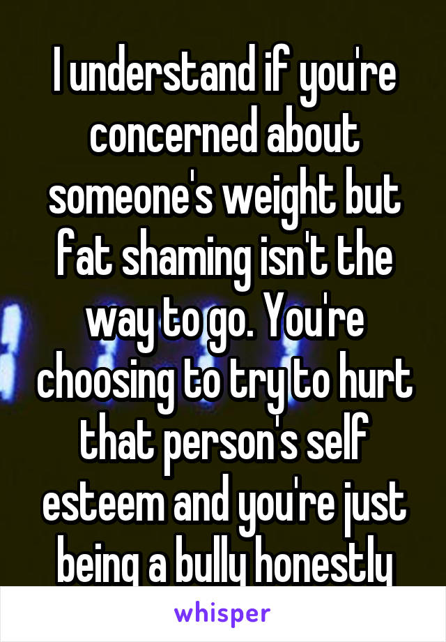 I understand if you're concerned about someone's weight but fat shaming isn't the way to go. You're choosing to try to hurt that person's self esteem and you're just being a bully honestly