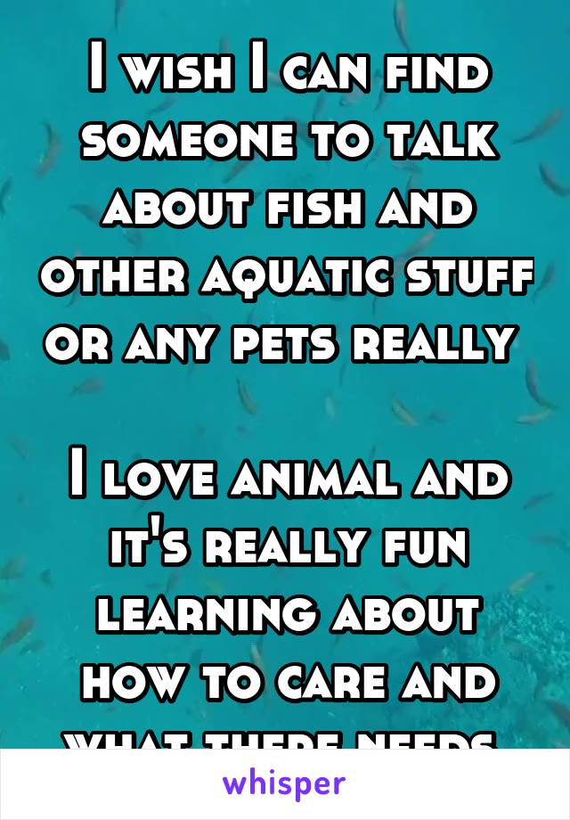 I wish I can find someone to talk about fish and other aquatic stuff or any pets really 

I love animal and it's really fun learning about how to care and what there needs 