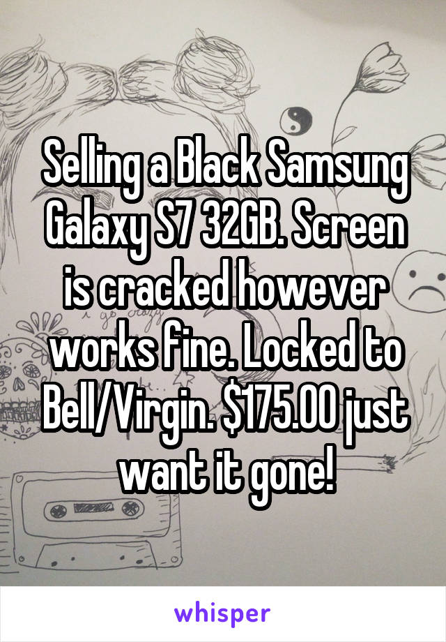 Selling a Black Samsung Galaxy S7 32GB. Screen is cracked however works fine. Locked to Bell/Virgin. $175.00 just want it gone!