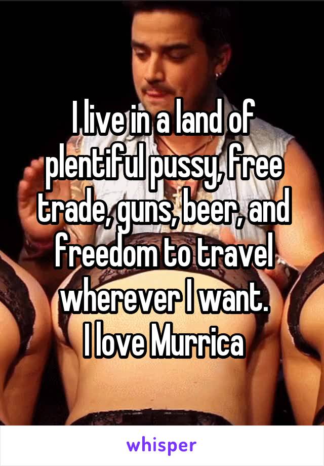 I live in a land of plentiful pussy, free trade, guns, beer, and freedom to travel wherever I want.
I love Murrica
