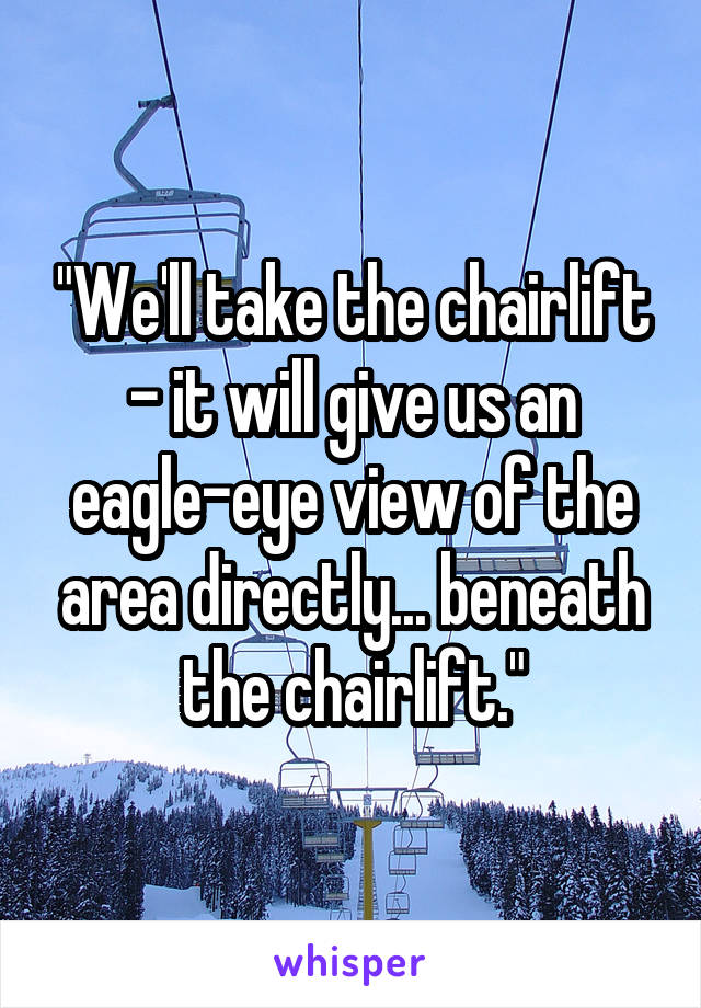 "We'll take the chairlift - it will give us an eagle-eye view of the area directly... beneath the chairlift."