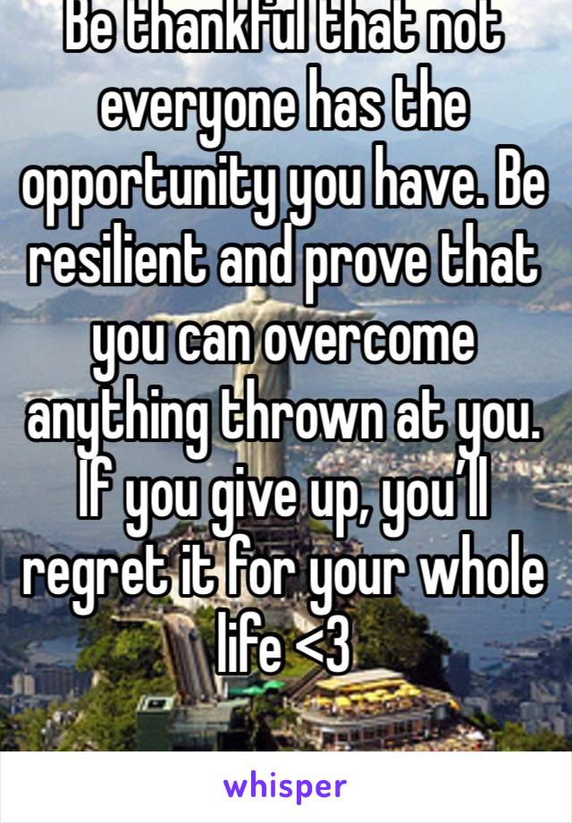 Be thankful that not everyone has the opportunity you have. Be resilient and prove that you can overcome anything thrown at you. If you give up, you’ll regret it for your whole life <3