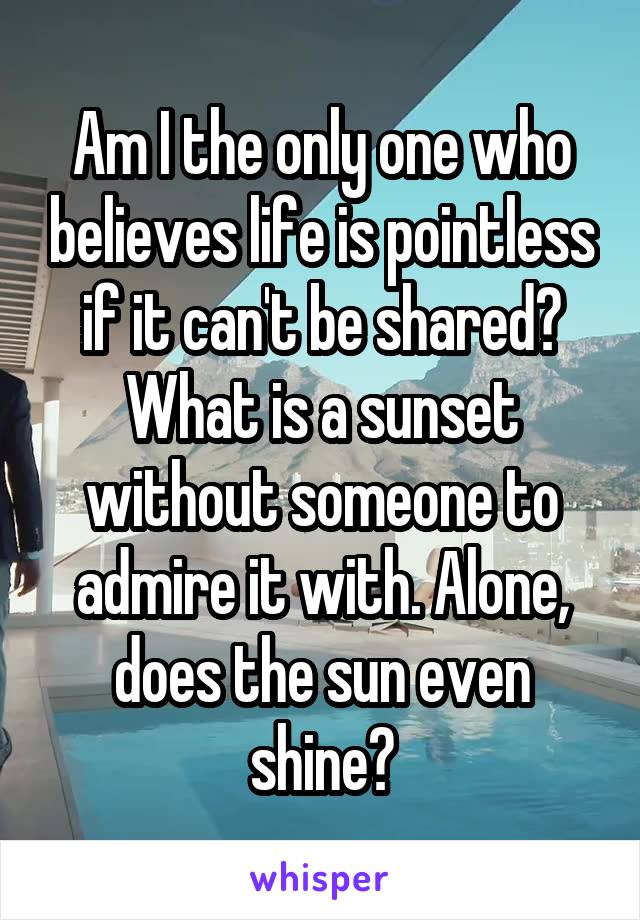 Am I the only one who believes life is pointless if it can't be shared? What is a sunset without someone to admire it with. Alone, does the sun even shine?