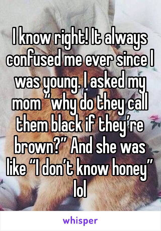 I know right! It always confused me ever since I was young. I asked my mom “why do they call them black if they’re brown?” And she was like “I don’t know honey” lol