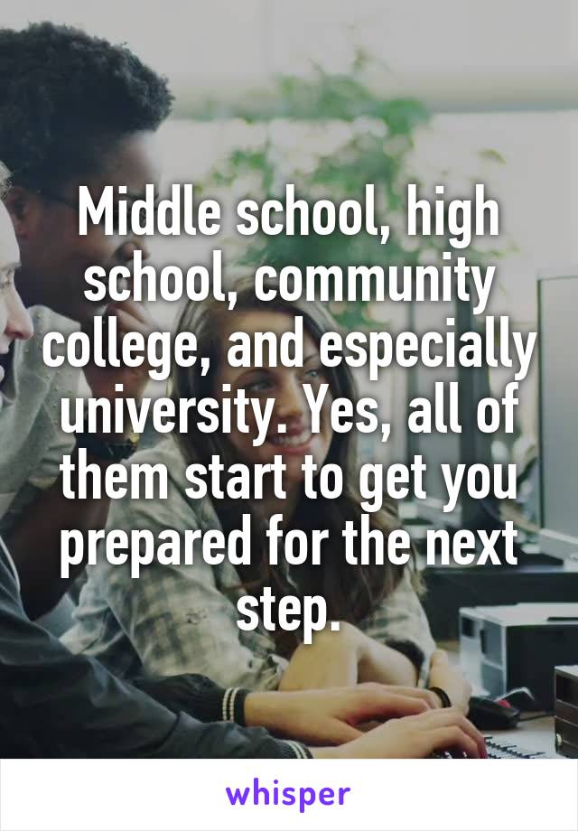 Middle school, high school, community college, and especially university. Yes, all of them start to get you prepared for the next step.