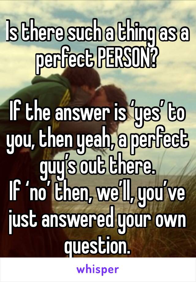Is there such a thing as a perfect PERSON?

If the answer is ‘yes’ to you, then yeah, a perfect guy’s out there.
If ‘no’ then, we’ll, you’ve just answered your own question.