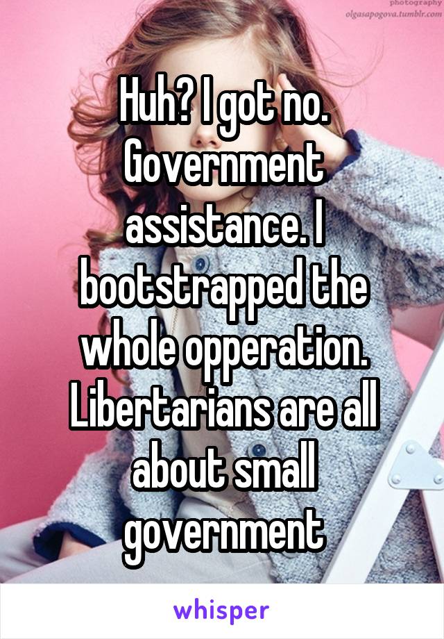 Huh? I got no. Government assistance. I bootstrapped the whole opperation. Libertarians are all about small government